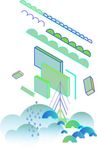 This is a collection of objects composed of blocks, scallops, clouds, rainbows. This is styled in a blue, teal, green, color scheme.